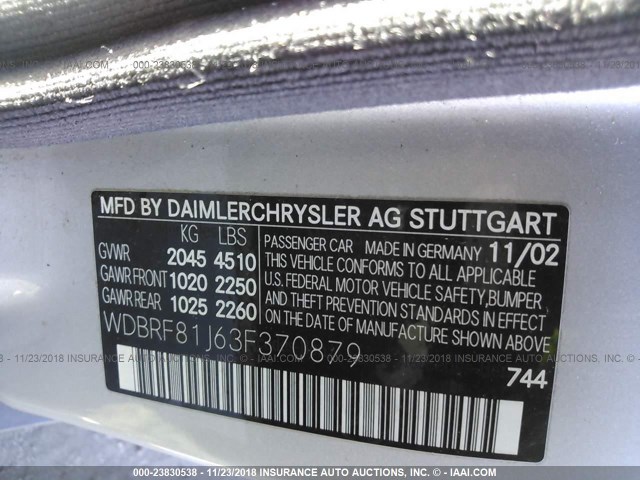 WDBRF81J63F370879 - 2003 MERCEDES-BENZ C 240 4MATIC SILVER photo 9