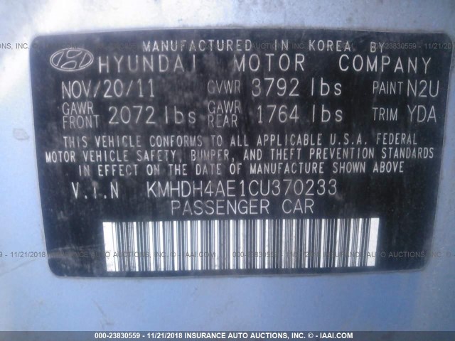 KMHDH4AE1CU370233 - 2012 HYUNDAI ELANTRA GLS/LIMITED Light Blue photo 9