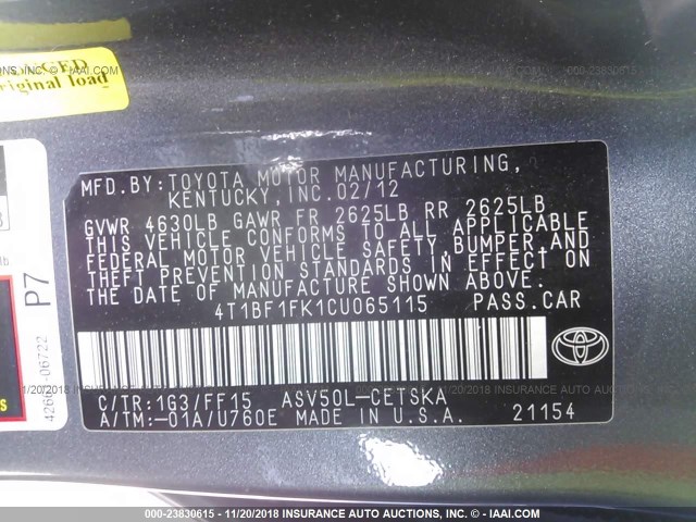 4T1BF1FK1CU065115 - 2012 TOYOTA CAMRY SE/LE/XLE 灰色 照片 9