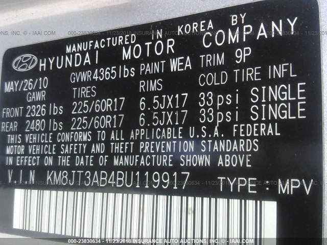 KM8JT3AB4BU119917 - 2011 HYUNDAI TUCSON GL/GLS SILVER photo 9