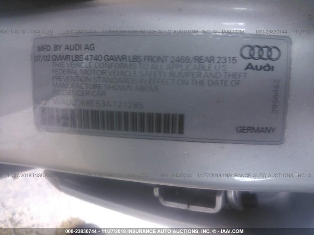 WAULC68E53A121285 - 2003 AUDI A4 1.8T QUATTRO SILVER photo 9