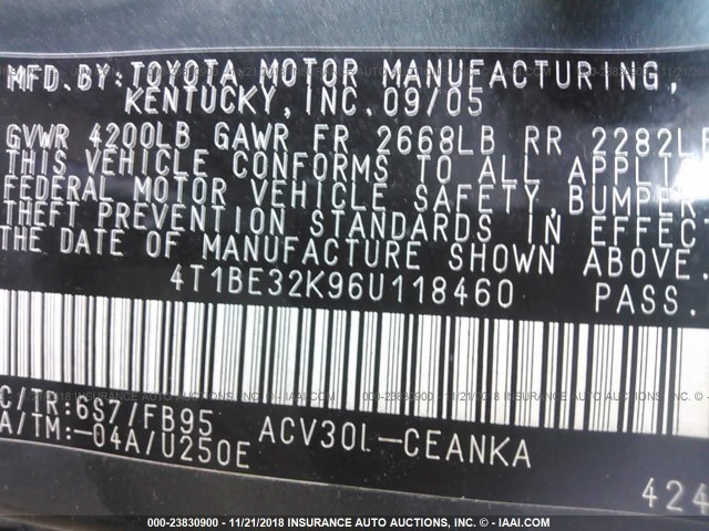 4T1BE32K96U118460 - 2006 TOYOTA CAMRY LE/XLE/SE GRAY photo 9
