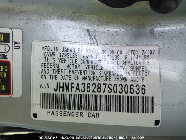 JHMFA36287S030636 - 2007 HONDA CIVIC HYBRID TEAL photo 9