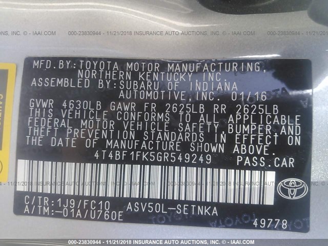 4T4BF1FK5GR549249 - 2016 TOYOTA CAMRY LE/XLE/SE/XSE SILVER photo 9