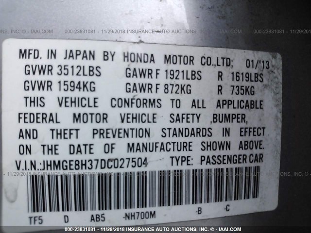 JHMGE8H37DC027504 - 2013 HONDA FIT SILVER photo 9