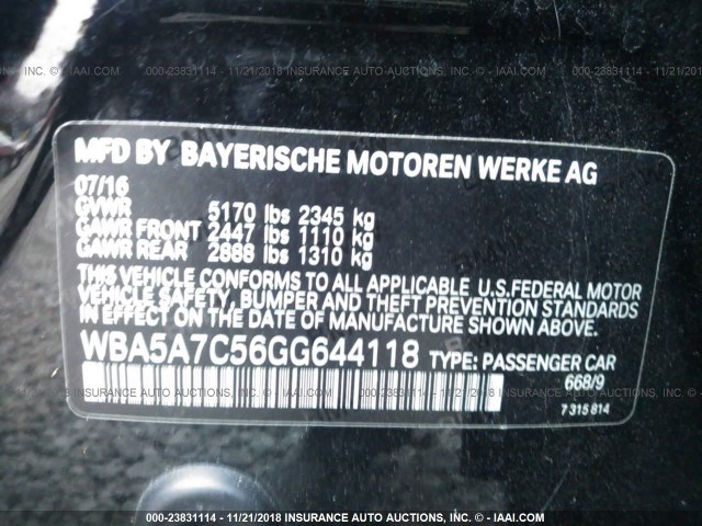 WBA5A7C56GG644118 - 2016 BMW 528 XI BLACK photo 9