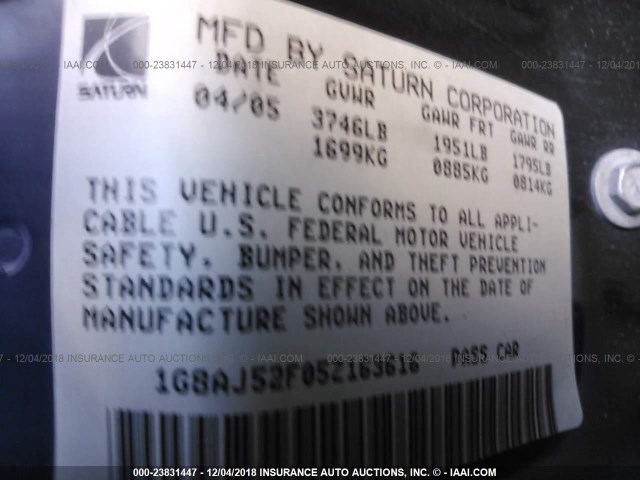 1G8AJ52F05Z163616 - 2005 SATURN ION LEVEL 2 灰色 照片 9