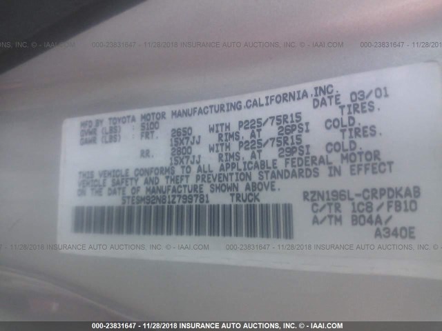 5TESM92N81Z799781 - 2001 TOYOTA TACOMA XTRACAB PRERUNNER 白色 照片 9