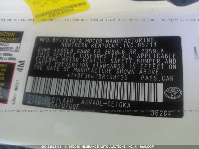 4T4BF3EK1BR198135 - 2011 TOYOTA CAMRY SE/LE/XLE WHITE photo 9