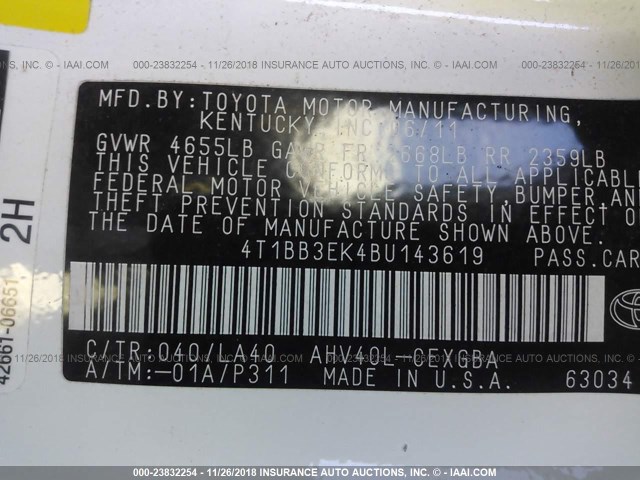 4T1BB3EK4BU143619 - 2011 TOYOTA CAMRY HYBRID WHITE photo 9