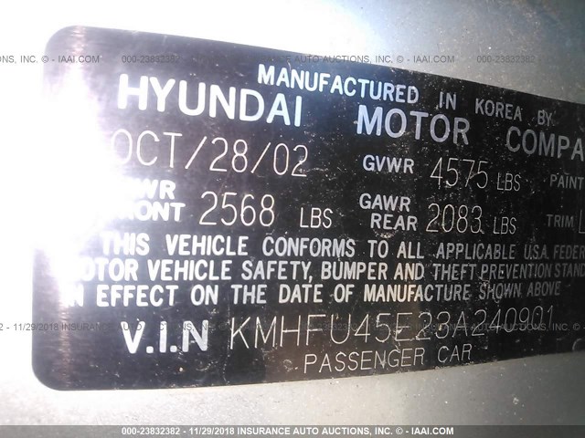 KMHFU45E23A240901 - 2003 HYUNDAI XG 350 SILVER photo 9