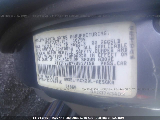 4T1BF28B7YU017158 - 2000 TOYOTA AVALON XL/XLS BLUE photo 9