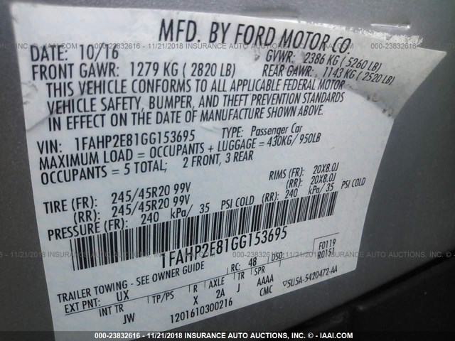 1FAHP2E81GG153695 - 2016 FORD TAURUS SEL SILVER photo 9