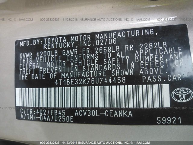 4T1BE32K76U744458 - 2006 TOYOTA CAMRY LE/XLE/SE BEIGE photo 9