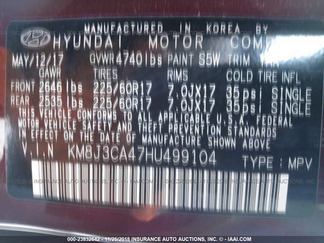 KM8J3CA47HU499104 - 2017 HYUNDAI TUCSON LIMITED/SPORT AND ECO/SE BURGUNDY photo 9