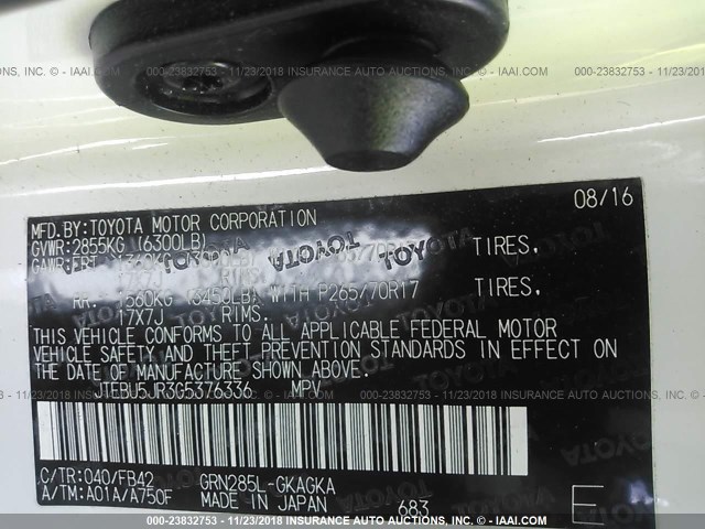 JTEBU5JR3G5376336 - 2016 TOYOTA 4RUNNER SR5 PREM/LTDL/TRAIL/TRD WHITE photo 9