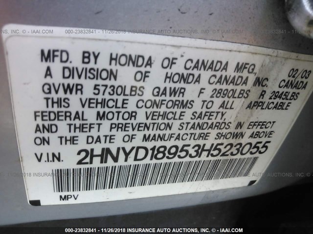 2HNYD18953H523055 - 2003 ACURA MDX TOURING SILVER photo 9