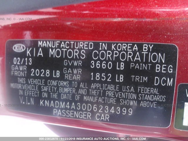 KNADM4A30D6234399 - 2013 KIA RIO LX RED photo 9