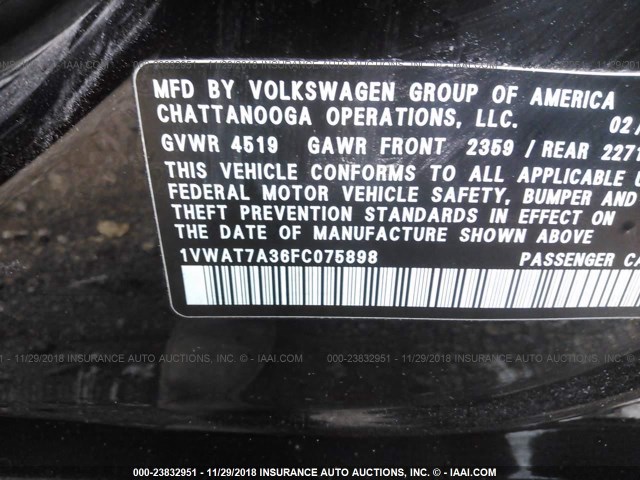 1VWAT7A36FC075898 - 2015 VOLKSWAGEN PASSAT S BLACK photo 9