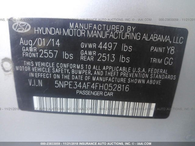 5NPE34AF4FH052816 - 2015 HYUNDAI SONATA SPORT/LIMITED SILVER photo 9