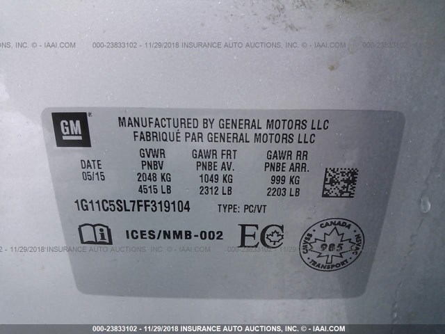 1G11C5SL7FF319104 - 2015 CHEVROLET MALIBU 1LT SILVER photo 9