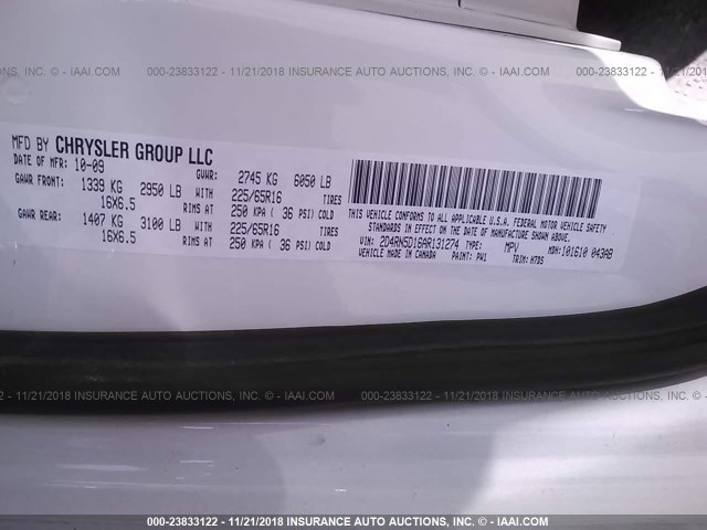 2D4RN5D16AR131274 - 2010 DODGE GRAND CARAVAN SXT WHITE photo 9