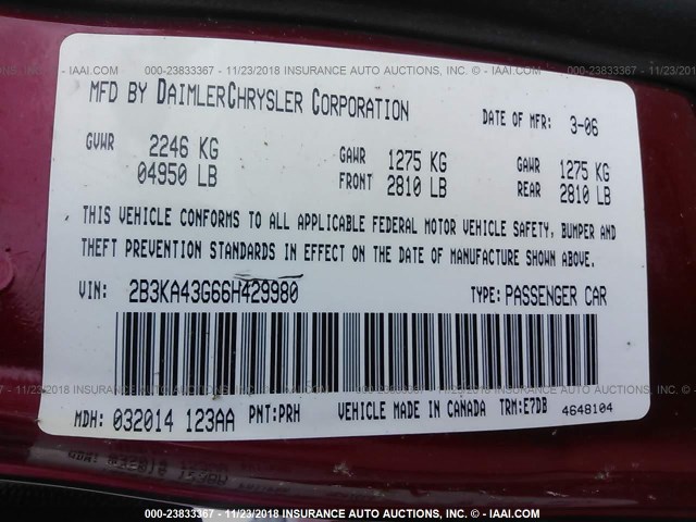 2B3KA43G66H429980 - 2006 DODGE CHARGER SE/SXT RED photo 9