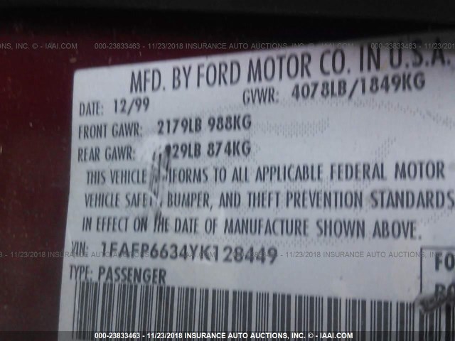 1FAFP6634YK128449 - 2000 FORD CONTOUR SE BURGUNDY photo 9