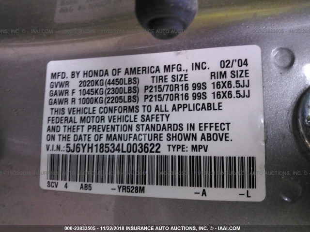 5J6YH18534L003622 - 2004 HONDA ELEMENT EX GRAY photo 9