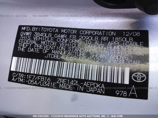 JTDBL40E69J054512 - 2009 TOYOTA COROLLA LE/XLE SILVER photo 9