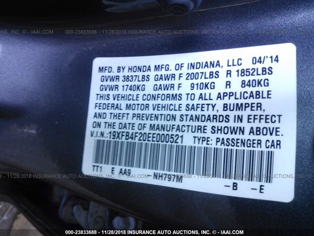 19XFB4F20EE000521 - 2014 HONDA CIVIC HYBRID GRAY photo 9