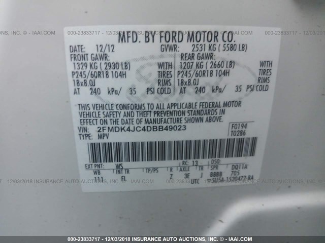 2FMDK4JC4DBB49023 - 2013 FORD EDGE SEL WHITE photo 8