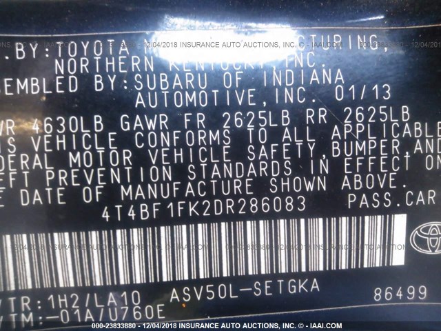 4T4BF1FK2DR286083 - 2013 TOYOTA CAMRY L/SE/LE/XLE 黑色 照片 9