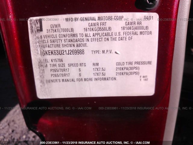 1GKEK63U21J269988 - 2001 GMC DENALI RED photo 9