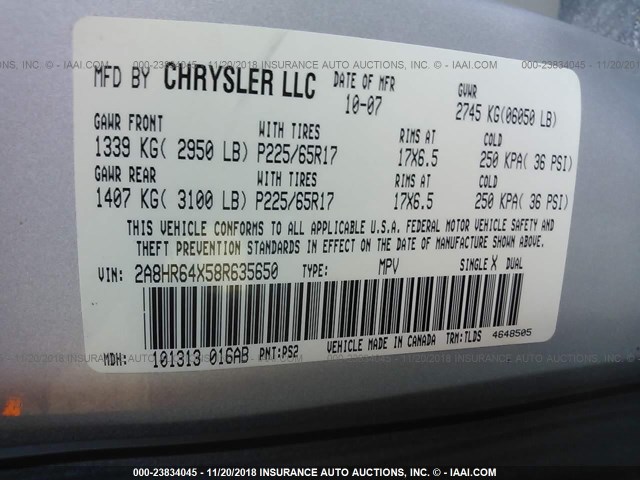 2A8HR64X58R635650 - 2008 CHRYSLER TOWN & COUNTRY LIMITED SILVER photo 9