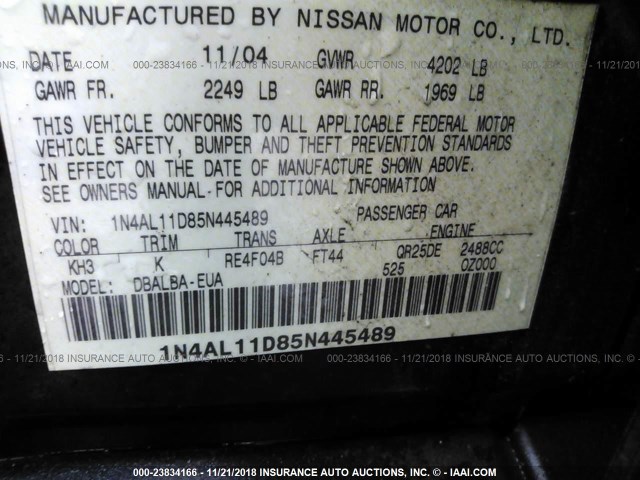 1N4AL11D85N445489 - 2005 NISSAN ALTIMA S/SL BLACK photo 9