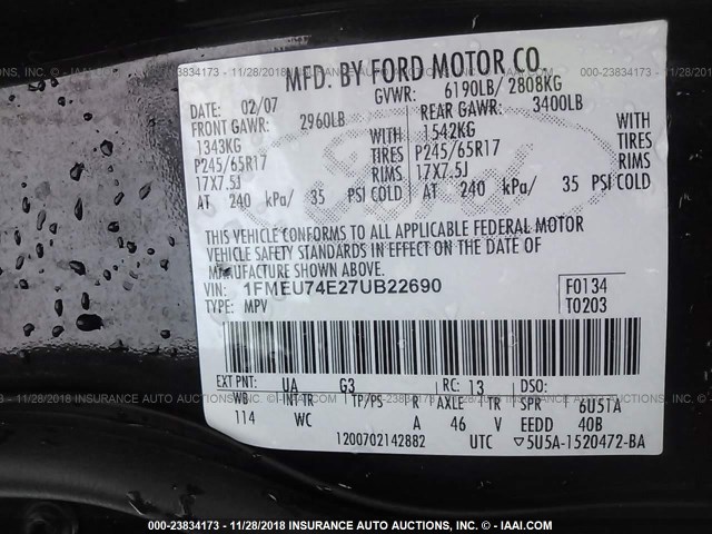 1FMEU74E27UB22690 - 2007 FORD EXPLORER EDDIE BAUER BLACK photo 9