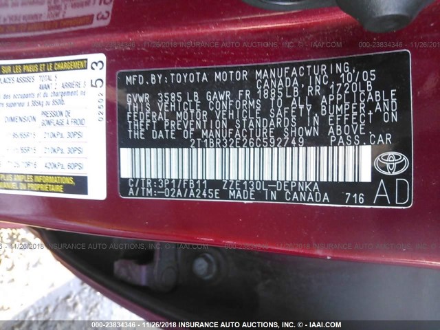 2T1BR32E26C592749 - 2006 TOYOTA COROLLA CE/LE/S RED photo 9