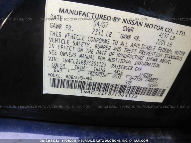 1N4CL21E87C205123 - 2007 NISSAN ALTIMA HYBRID BLUE photo 9