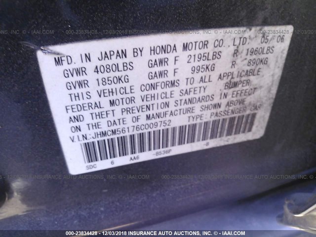 JHMCM56176C009752 - 2006 HONDA ACCORD VALUE BLUE photo 9