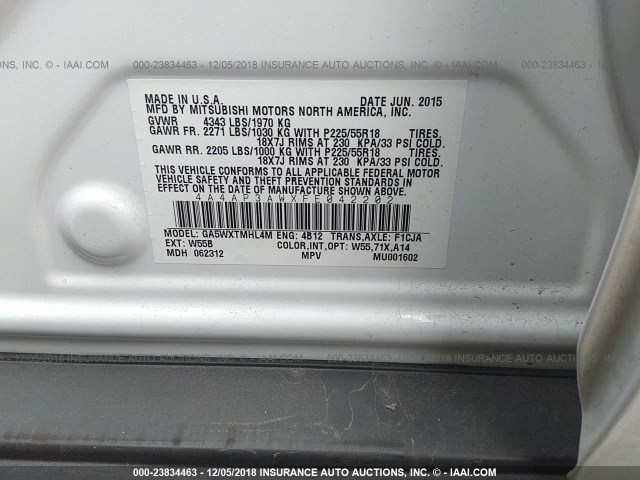 4A4AP3AWXFE042202 - 2015 MITSUBISHI OUTLANDER SPORT ES WHITE photo 9