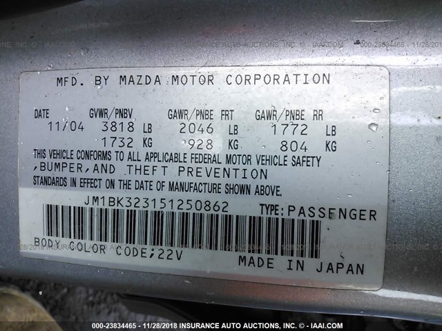 JM1BK323151250862 - 2005 MAZDA 3 S SILVER photo 9