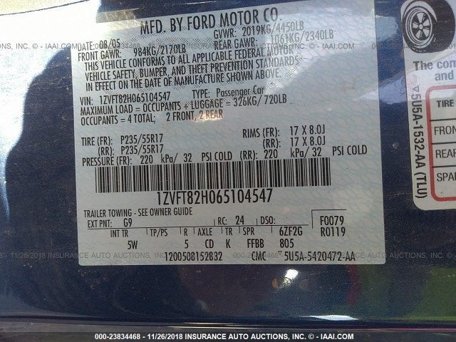 1ZVFT82H065104547 - 2006 FORD MUSTANG GT BLUE photo 9