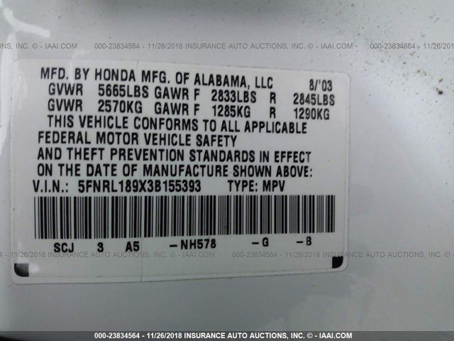 5FNRL189X3B155393 - 2003 HONDA ODYSSEY EXL WHITE photo 9