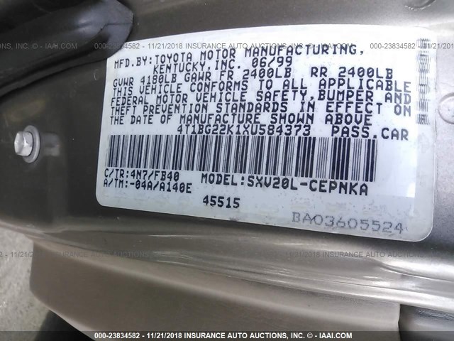 4T1BG22K1XU584373 - 1999 TOYOTA CAMRY CE/LE/XLE Champagne photo 9