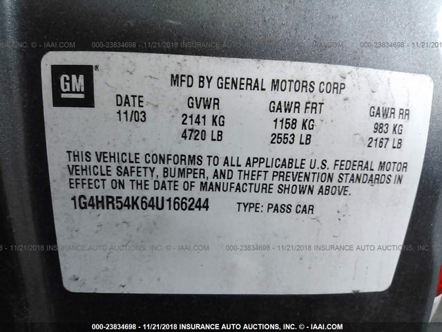 1G4HR54K64U166244 - 2004 BUICK LESABRE LIMITED BLUE photo 9