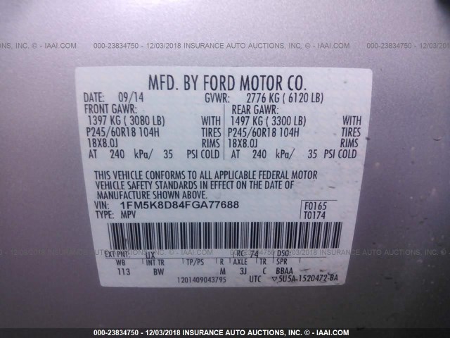 1FM5K8D84FGA77688 - 2015 FORD EXPLORER XLT SILVER photo 9