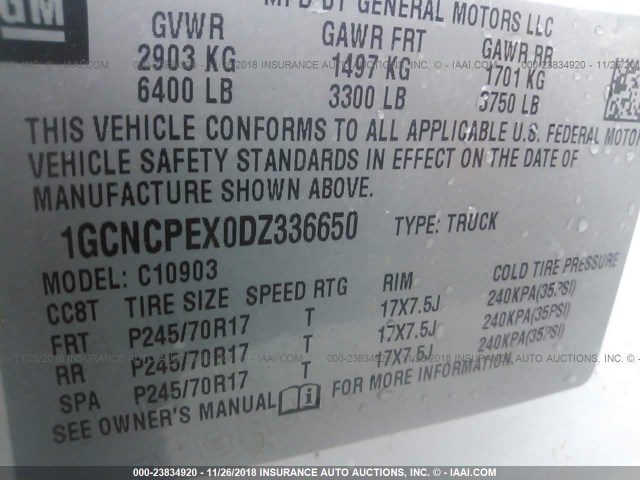 1GCNCPEX0DZ336650 - 2013 CHEVROLET SILVERADO C1500 WHITE photo 9