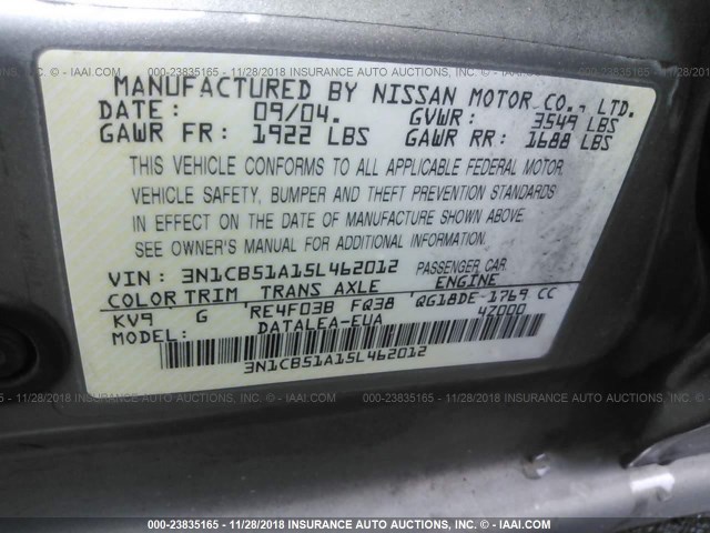 3N1CB51A15L462012 - 2005 NISSAN SENTRA 1.8S BEIGE photo 9