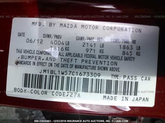 JM1BL1W57C1673309 - 2012 MAZDA 3 S RED photo 9